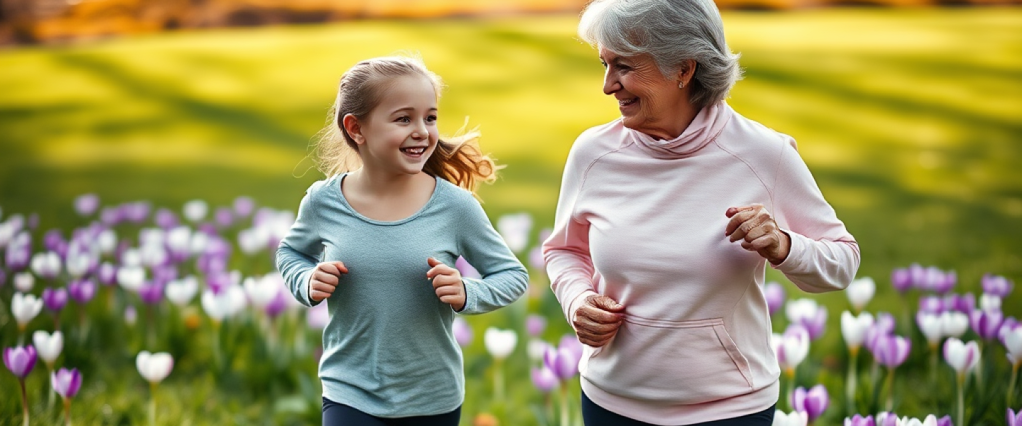 une grand mere et sa petite fille font du jogging dans un jardin rempli de crocus