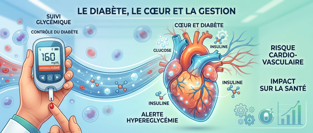 Hand holding glucose meter showing 160 mg/dL hyperglycemia beside illustrated heart displaying glucose and insulin effects