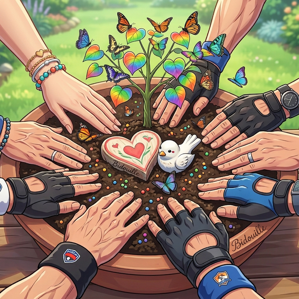 Several people place their hands around a water bowl with a heart and dove ornament